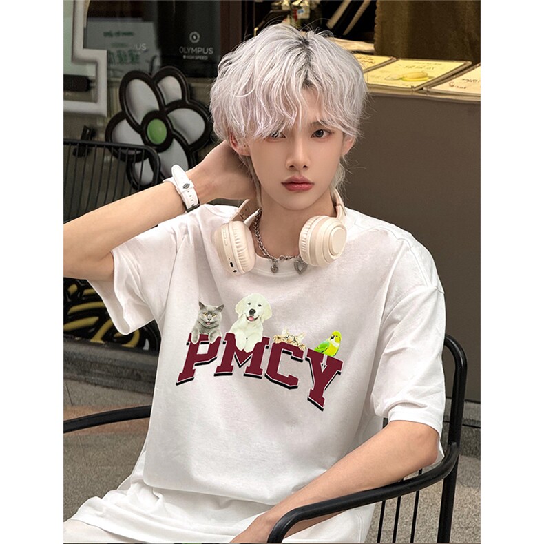 抖音得物供货210克现货宽松纯棉美式潮牌印花落肩袖纯棉T恤AT2156,男装T恤,电商A443