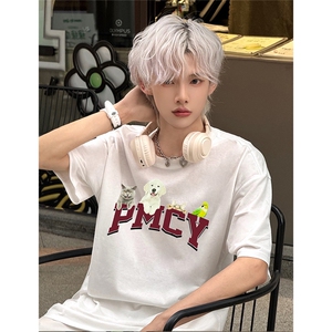 抖音得物供货210克现货宽松纯棉美式潮牌印花落肩袖纯棉T恤AT2156图片