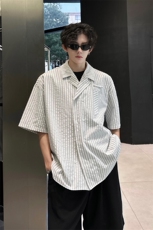 春夏英伦学院风青春男大竖条纹短袖衬衫翻领外套口袋设计短袖P40，男装T恤，电商B319