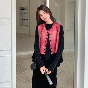 新中式印花马甲套装裙女2025年秋季新款高级感打底衫半身裙三件套图片