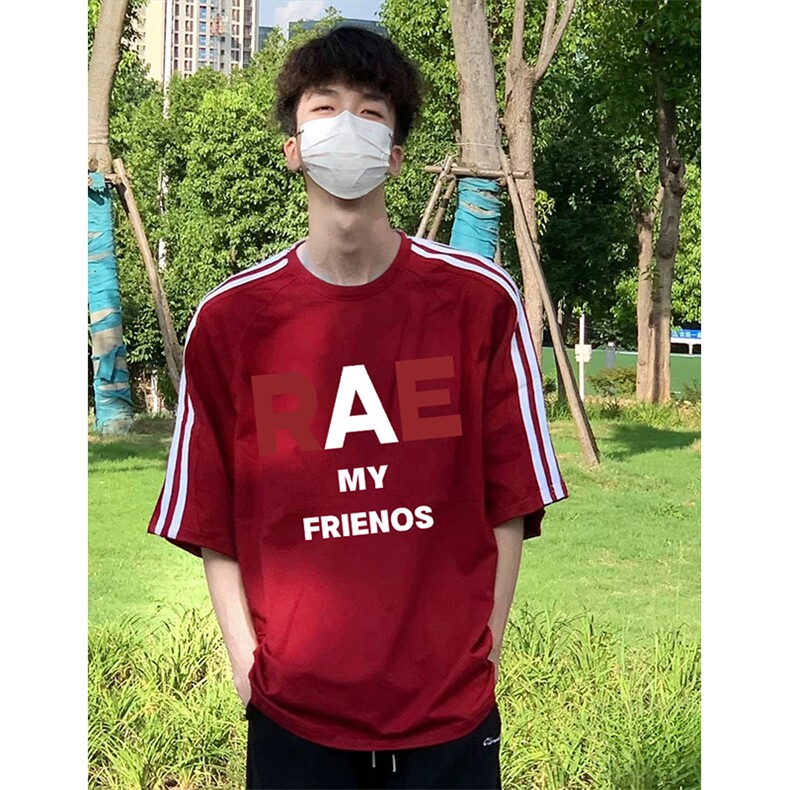 抖音得物高品质二开240克宽松纯棉美式潮牌三条杠织带短袖T恤,男装T恤,电商A486-1