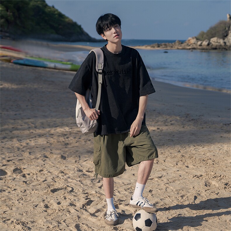 男百搭美式短袖百搭钢印立体做旧T恤B225-T9213-P53-X68-压花,男装T恤,电商B225