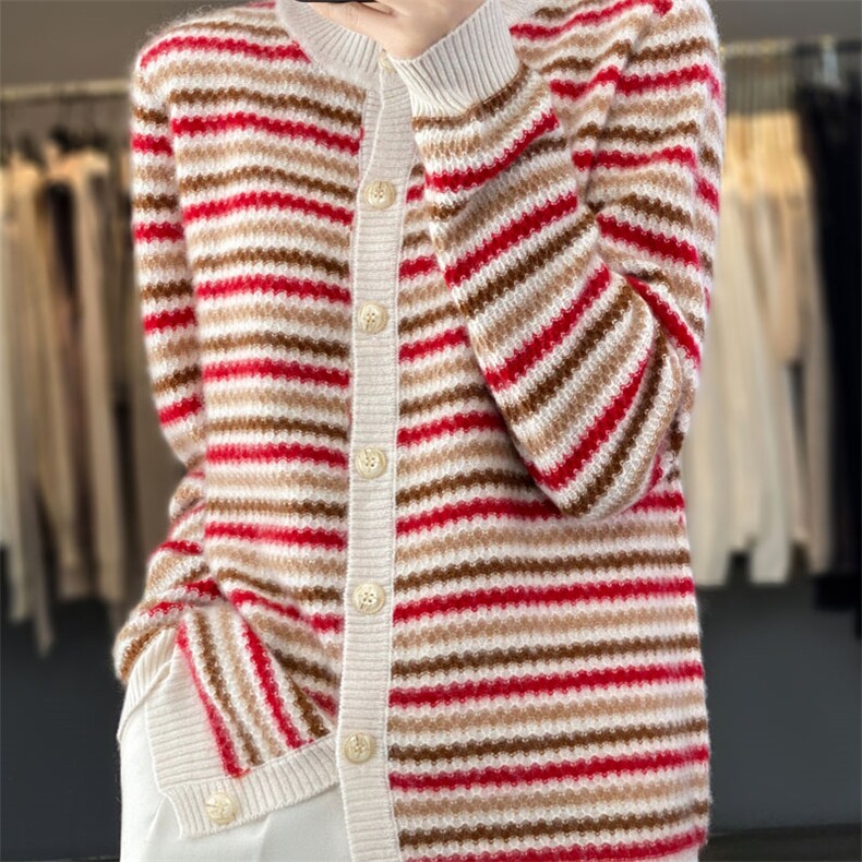 气质条纹长袖毛衣女修身显瘦针织时尚百搭羊毛开衫，女装羊毛衫，琳华羊绒