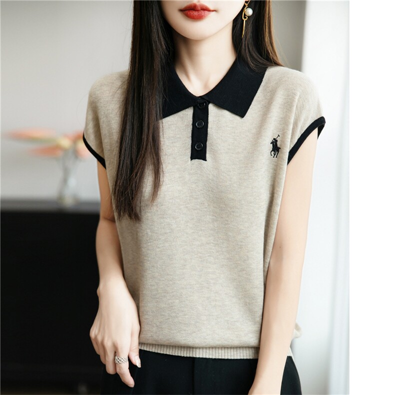 25夏季精纺羊毛针织短袖女POLO领拼色小马刺绣上衣宽松T恤打底衫，女装T恤，菲奥羊绒