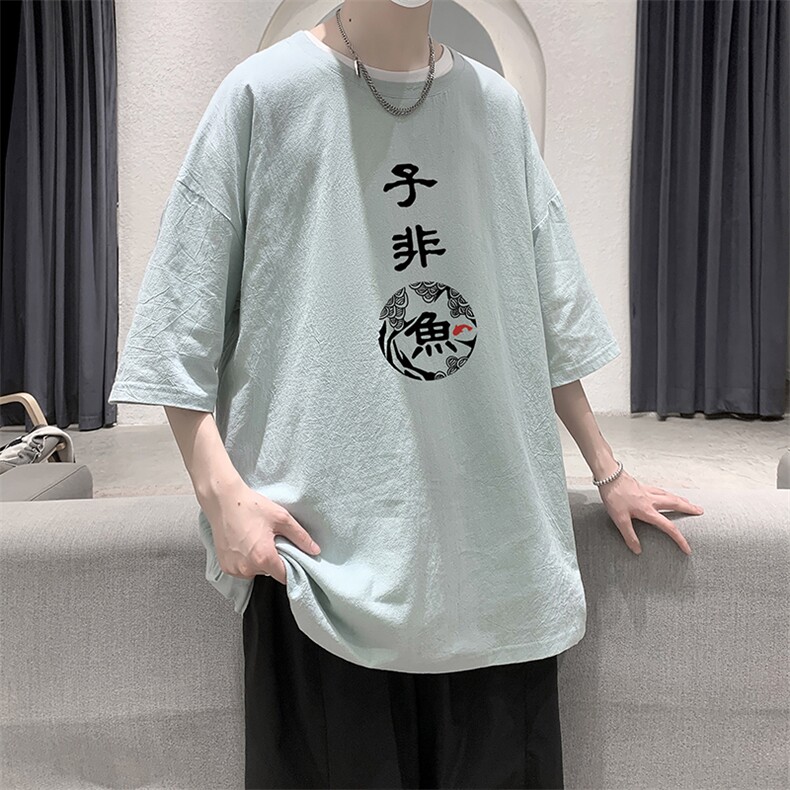 YT26070-P30 亚短袖t恤男大码五分袖男宽松七分袖 港风模特图片