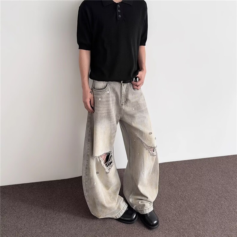 B233-P53美式高街泼漆大破洞牛仔裤男2025夏薄新款宽松直筒,男装牛仔裤,电商B323A
