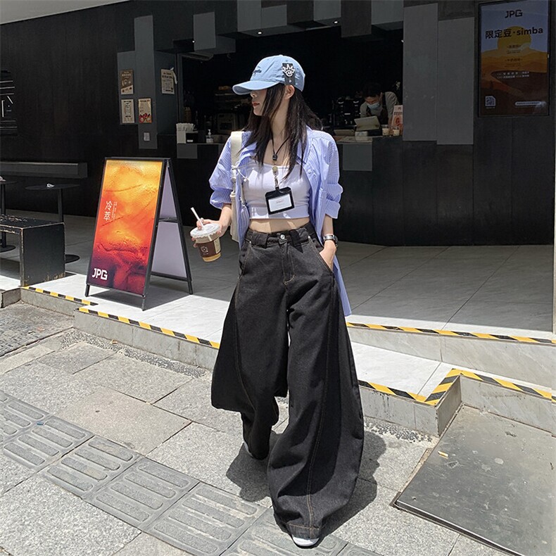 阔腿弯刀牛仔裤女夏季美式高街设计感宽松垂感镰刀裤YD9006-P60,男装牛仔裤,星座509