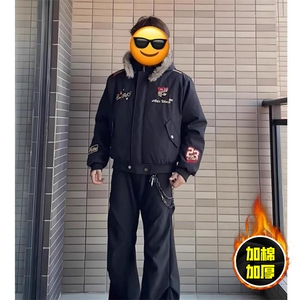 现货高品质美式高街重磅刺绣座山雕大毛毛领棉衣男女加厚棉服外套图片