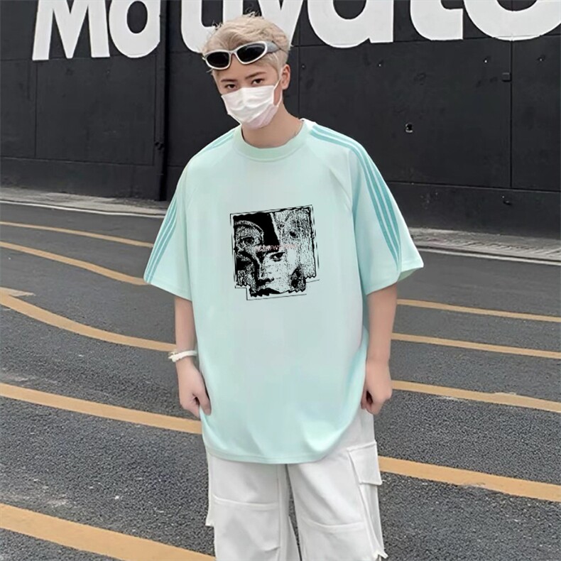 抖音得物品质二开240克宽松纯棉美式潮牌印花三条杠中性风短袖T恤,男装T恤,电商A486