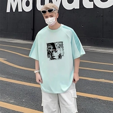 抖音得物品质二开240克宽松纯棉美式潮牌印花三条杠中性风短袖T恤，男装T恤，电商A486
