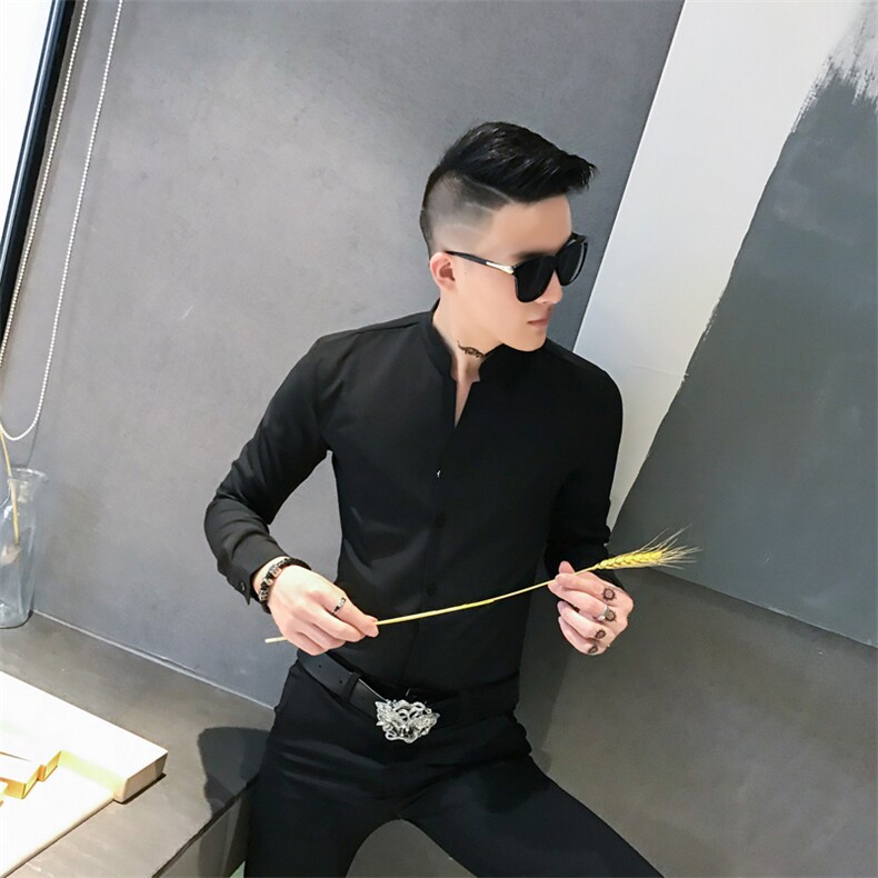 312A-836-P50新款立领纯色修身衬衫男发型师网红夜场工装衬衫-首5图片