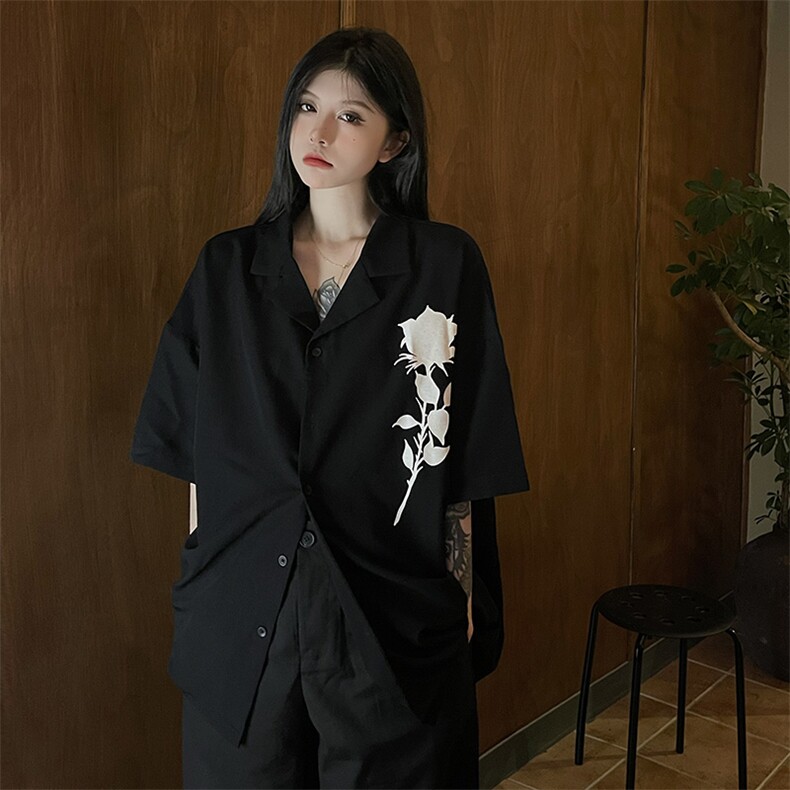 高品质暗黑系复古玫瑰印花短袖衬衫半袖衬衣男女夏7806-P46,男装衬衫,星座910-1