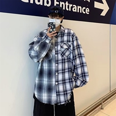 格子拼接衬衫男女长袖潮牌刺绣百搭衬衣港风bf宽松休闲外套-S390，男装衬衫，星座601-2