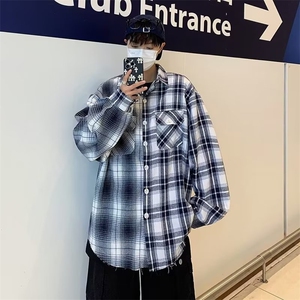 格子拼接衬衫男女长袖潮牌刺绣百搭衬衣港风bf宽松休闲外套-S390图片