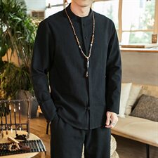 2021春秋季新款男装风盘扣男士衬衣大码棉麻衬衫C02模特图，男装衬衫，电商B277(原6028)