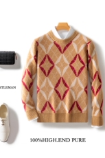 时尚男士秋冬新款羊毛菱形拼色圆领毛衣高品质保暖舒适商务休闲，男装羊毛衫，邓利维