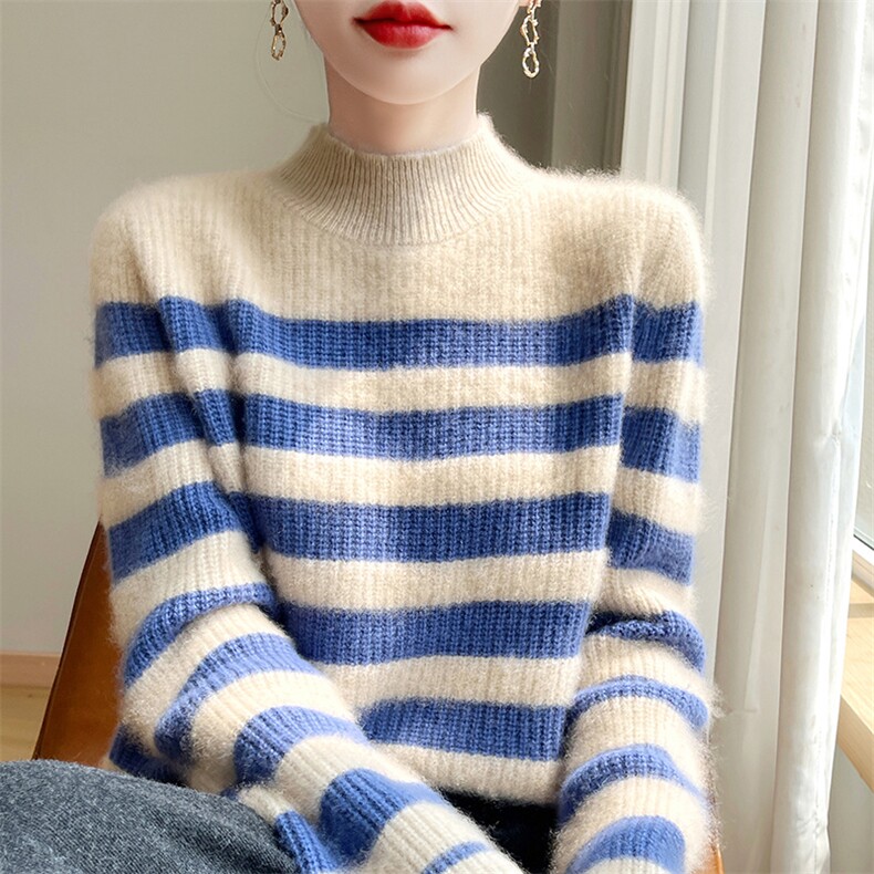秋冬100%羊毛衫女半高领条纹拼色提花加厚针织上衣宽松打底羊绒衫,女装羊毛衫,郡淞羊绒