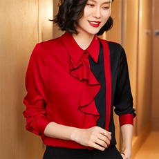 时尚优雅真丝衬衫红色荷叶边拼接设计显瘦百搭长袖上衣，女装衬衫，宋氏羊绒