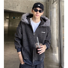 美式条纹毛领连帽外套男女秋季新款宽松卫衣情侣衫外套jk901-p78，女装短外套，电商C307