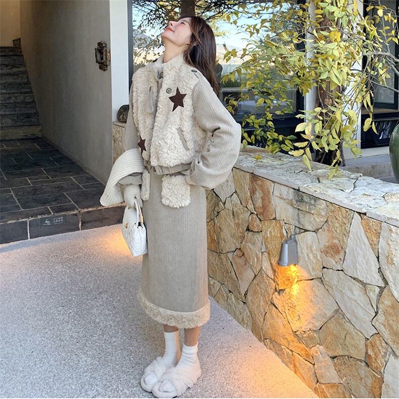 小香风仿皮毛一体羊羔毛短外套半身裙套装两件套女秋冬2025新款,女装套装/套裙,2C230