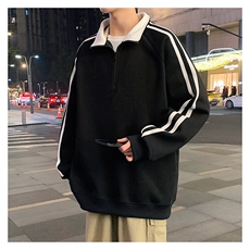 秋季380克全棉宽松条纹拉链套头卫衣立领POLO衫外套AH914-P42，男装Polo衫，四季星座610B