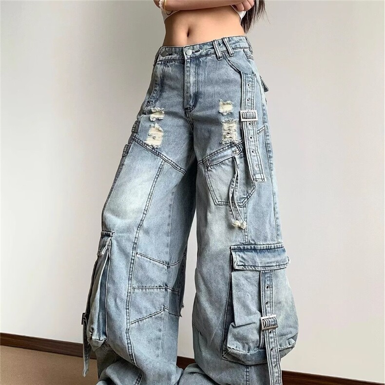 美式辣妹工装牛仔裤女春季2025新款高级感宽松休闲显瘦多口袋裤子图片