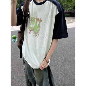 抖音得物高品质二开240克宽松纯棉美式潮牌插肩袖拼接短袖T恤图片
