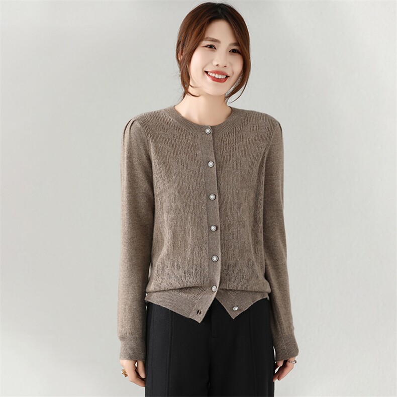 2024秋季新款女士长袖短款圆领镂空开衫休闲百搭35%羊绒衫，女装羊绒衫，富泽羊绒