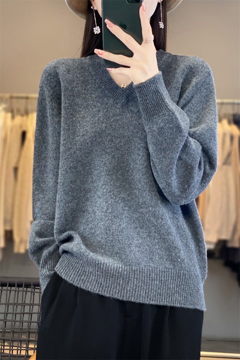 2024秋冬新款羊毛女士V领纯色羊毛衫,女装羊毛衫,润辉羊绒