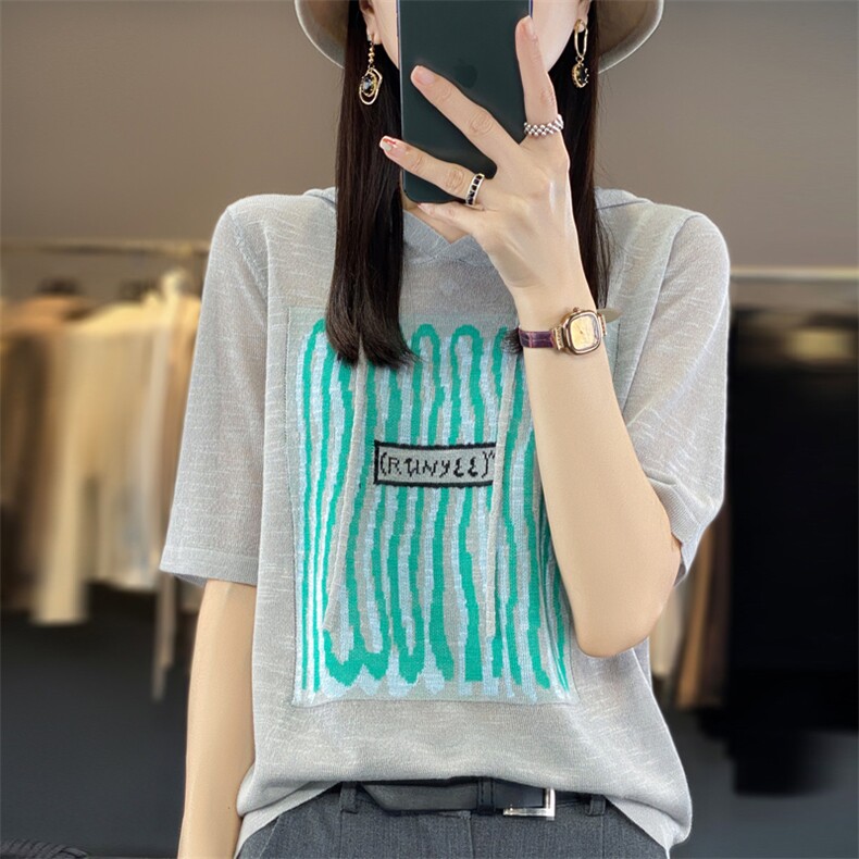 拼色连帽短袖微透竹节针织衫2024夏季新款短款女上衣宽松薄款t恤图片