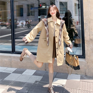 卡其色韩版慵懒风格子拼接可拆卸连帽风衣女秋季2025新款休闲外套图片