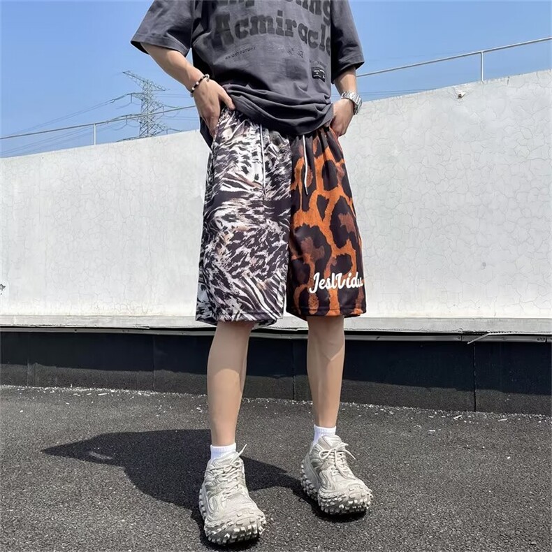 豹纹休闲短裤男士韩版潮拼色百搭夏季2024新款ins五分裤K5337-P25,男装牛仔裤,星座412-2