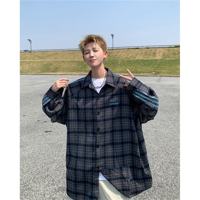 新款潮牌格子衬衫外套男美式复古宽松长袖衬衣C02591-P65,男装衬衫,星座308B-2