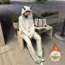 480G重磅加绒硬挺boxy男女美式高街卫衣铆钉杜宾犬耳朵开衫厚外套，女装短外套，电商A486-1