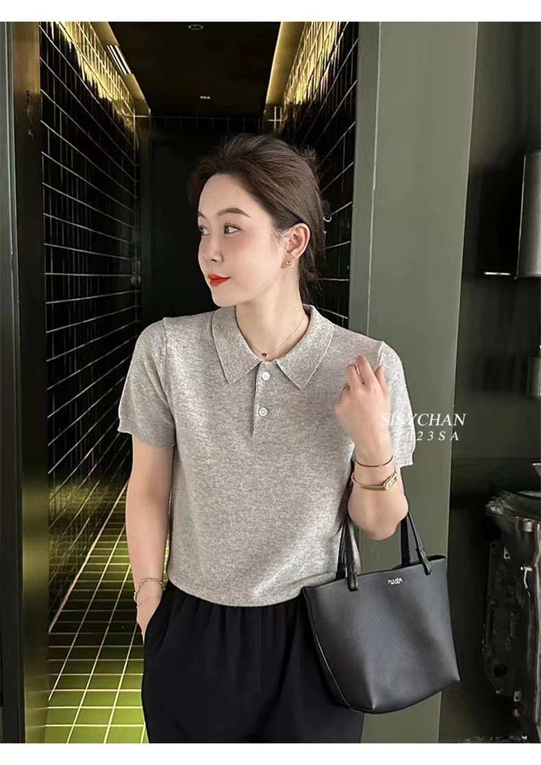 德国扬子纱细羊毛短袖女POLO衬衣领夏季薄款百搭针织T恤半袖上衣图片