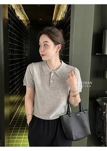 德国扬子纱细羊毛短袖女POLO衬衣领夏季薄款百搭针织T恤半袖上衣图片