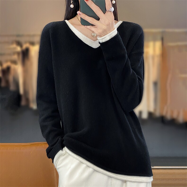 宽松型常规套头2025年夏季女士羊毛衫长袖单件V领,女装羊毛衫,春贝羊绒