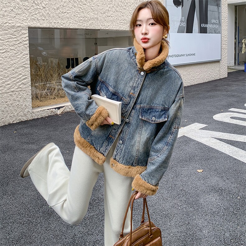 2024冬装新款时尚简约气质加绒牛仔外套，女装牛仔外套，浙宝220