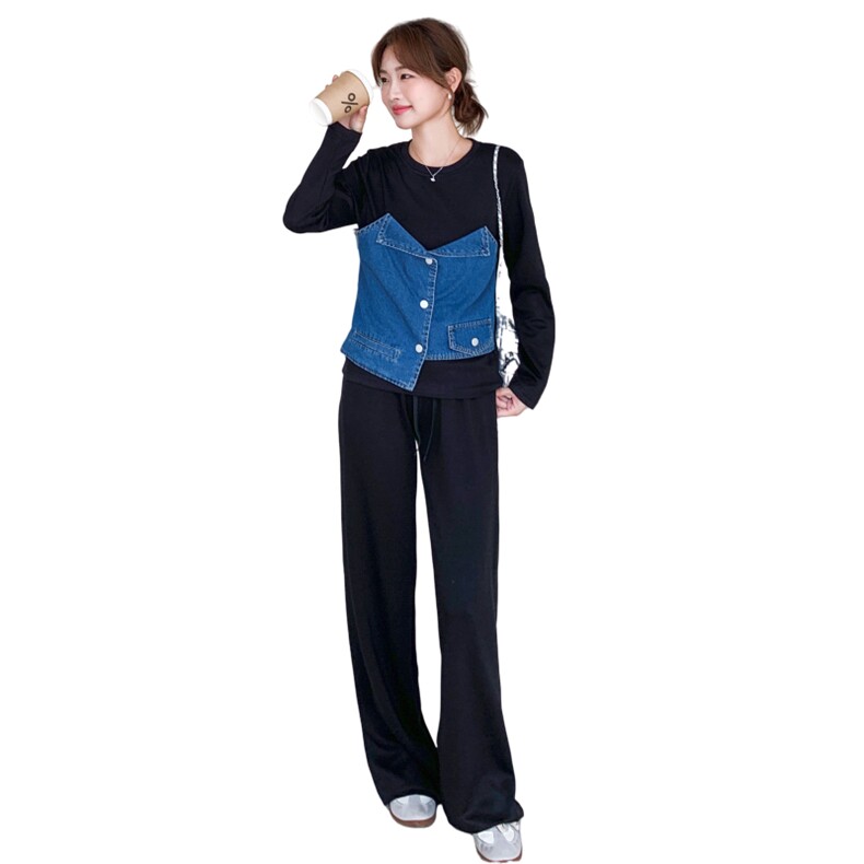 【森系套装】撞色牛仔拼接上衣+休闲长裤套装2D148-A312-P155K235,女装套装/套裙,2D148