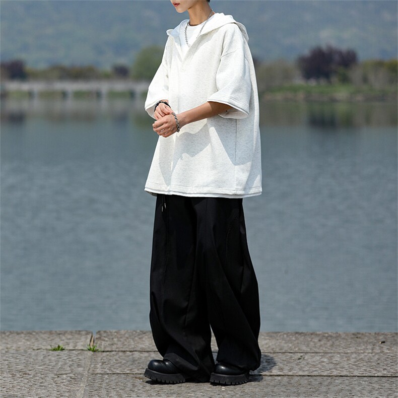 8XL-M假两件短袖卫衣连帽t恤男夏季薄款宽松大码学生半袖DT007P48图片