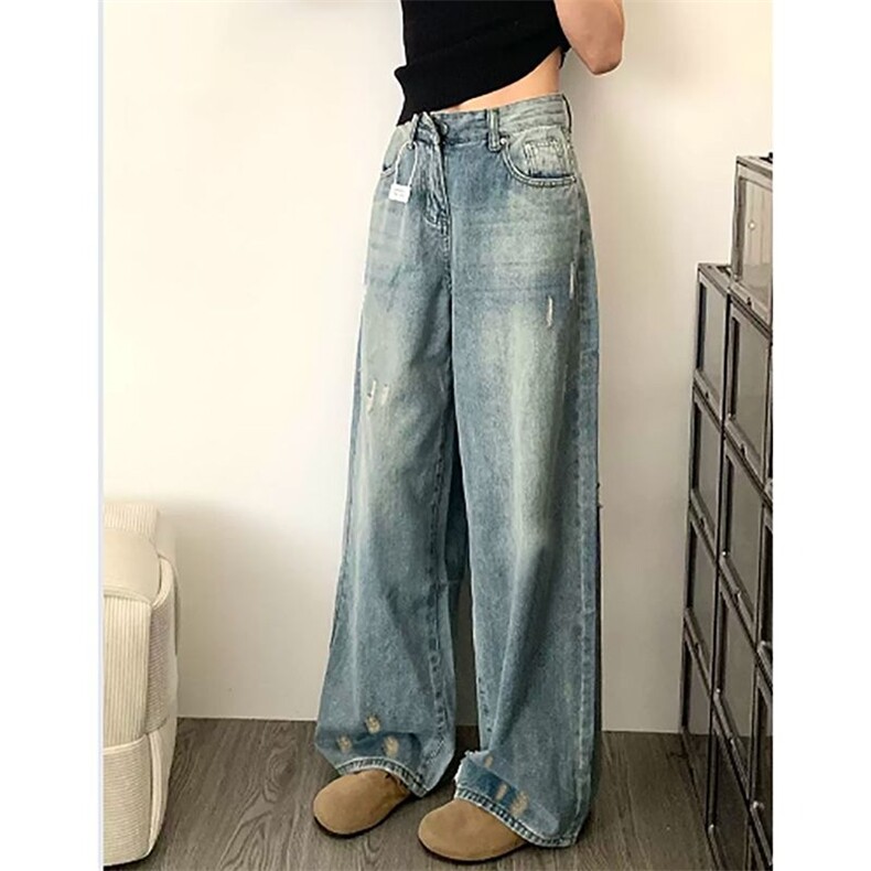 复古ins风高腰阔腿牛仔裤女春秋季新款设计感水洗宽松直筒牛仔裤,男装牛仔裤,星座506A