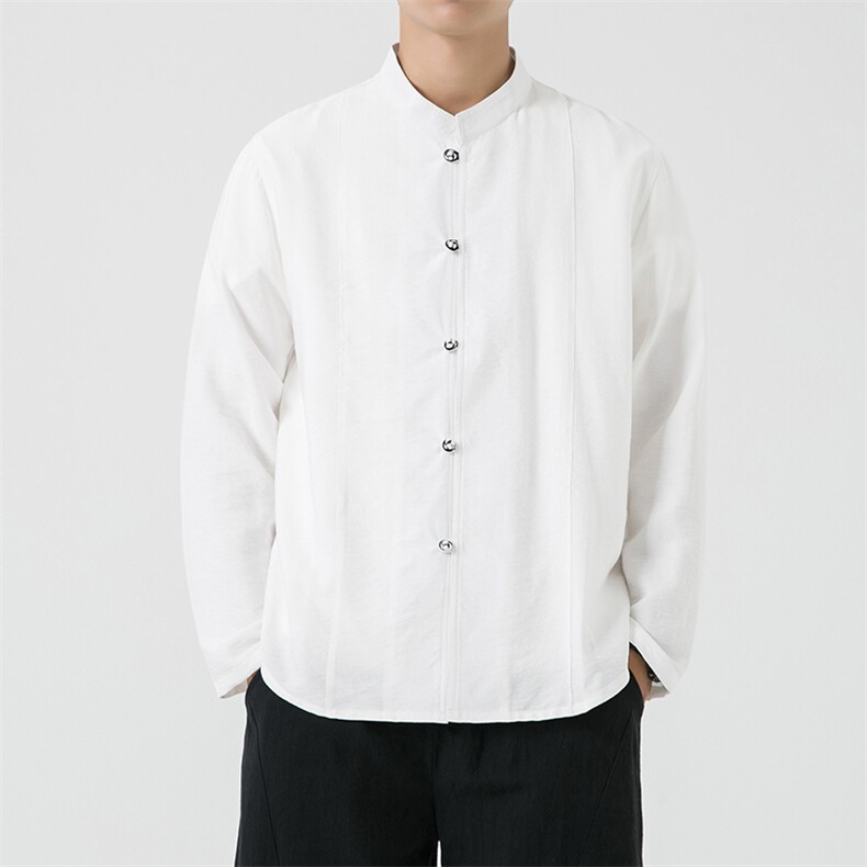 T819^秋季男士长袖衬衫风盘扣唐装复古中式立领中山装衬衣，男装衬衫，钱塘777(原3023)