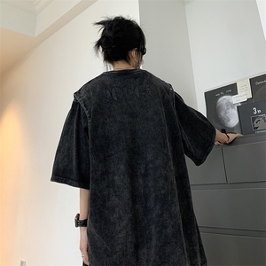 美式做旧水洗短袖T恤男女休闲oversize可拆卸无袖背心潮ET023-P49图片
