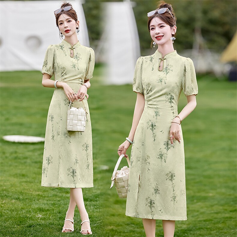 《48H发》实体优雅气质旗袍印花连衣裙，女装连衣裙，魅丽静蓝