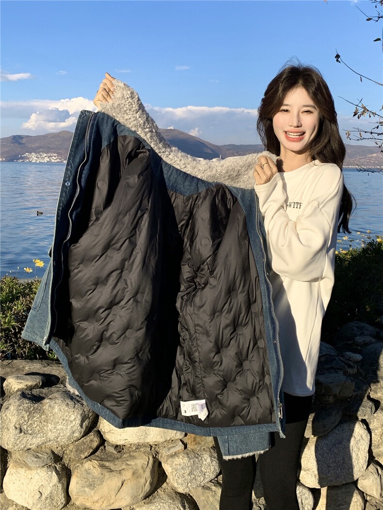 美式蓝色羊羔毛领牛仔外套女2025冬季新款高级感休闲宽松夹克上衣,女装羽绒服,艾米莉亚
