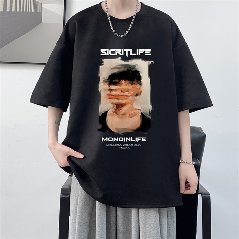 欧美街头潮牌hiphop短袖t恤男麂皮绒高克重磅oversize宽松七分袖,男装T恤,电商A040