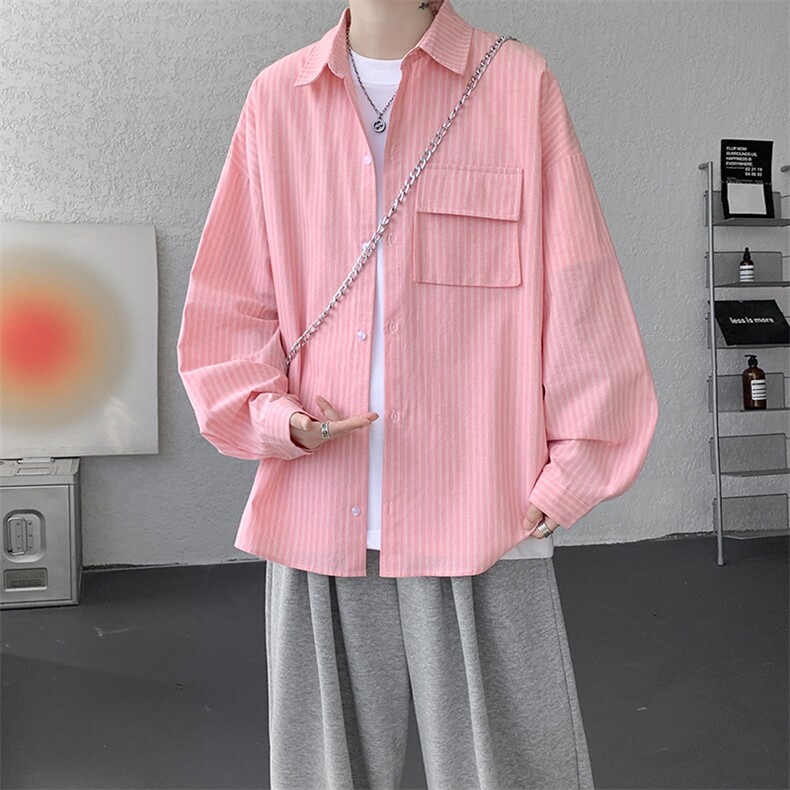 衬衫男秋季新款港风宽松大码立体口袋纯棉条纹长袖衬衣CS3099-P42，男装衬衫，星座214-3