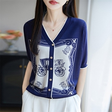 夏季新款时尚蓝色复古马车V领假开衫女修身显瘦百搭休闲上衣，女装针织衫/毛衣，暖姿羊绒