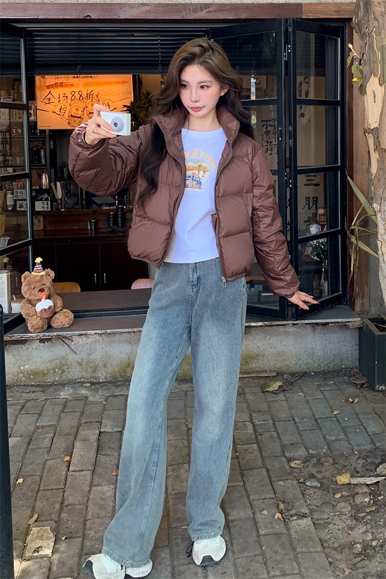 时尚欧货连帽羽绒服女2024新款小个子宽松减龄白鸭绒面包服短外套,女装羽绒服,浙宝281