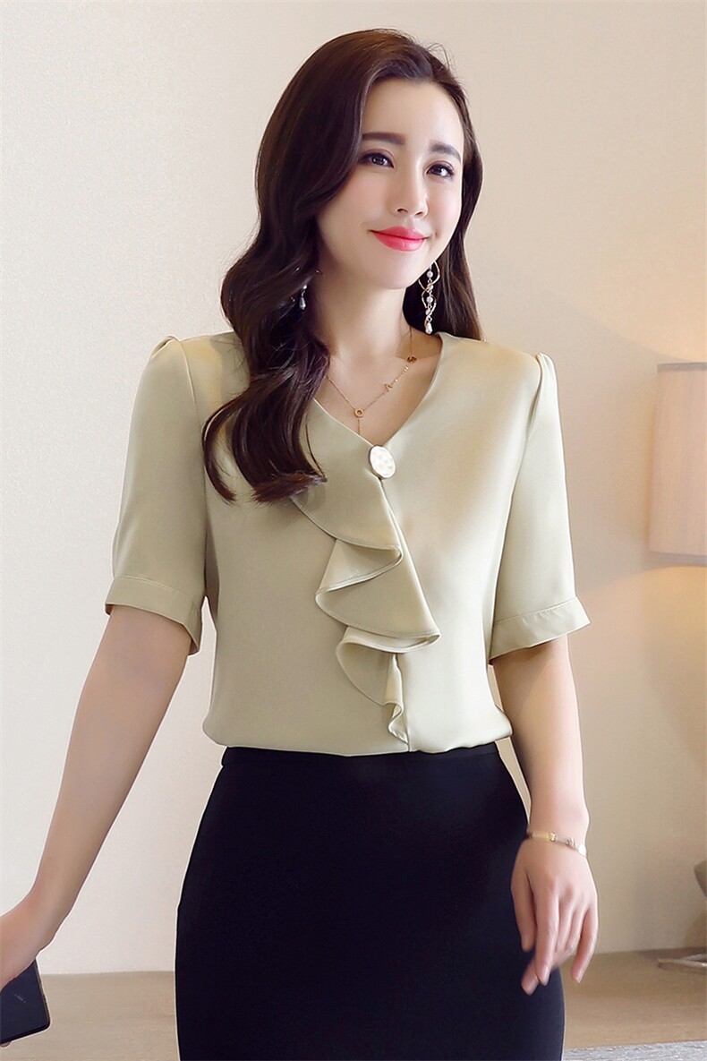 2022年夏季五分袖套头V领通勤纯色飘带，女装衬衫，时尚俏佳人